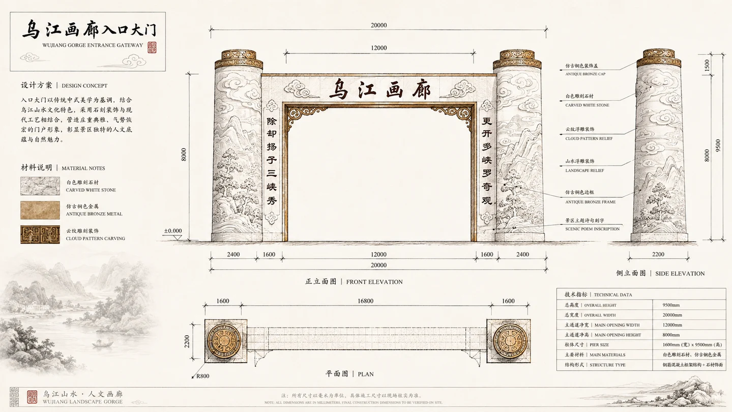 乌江山下生态景区大门设计效果图 2