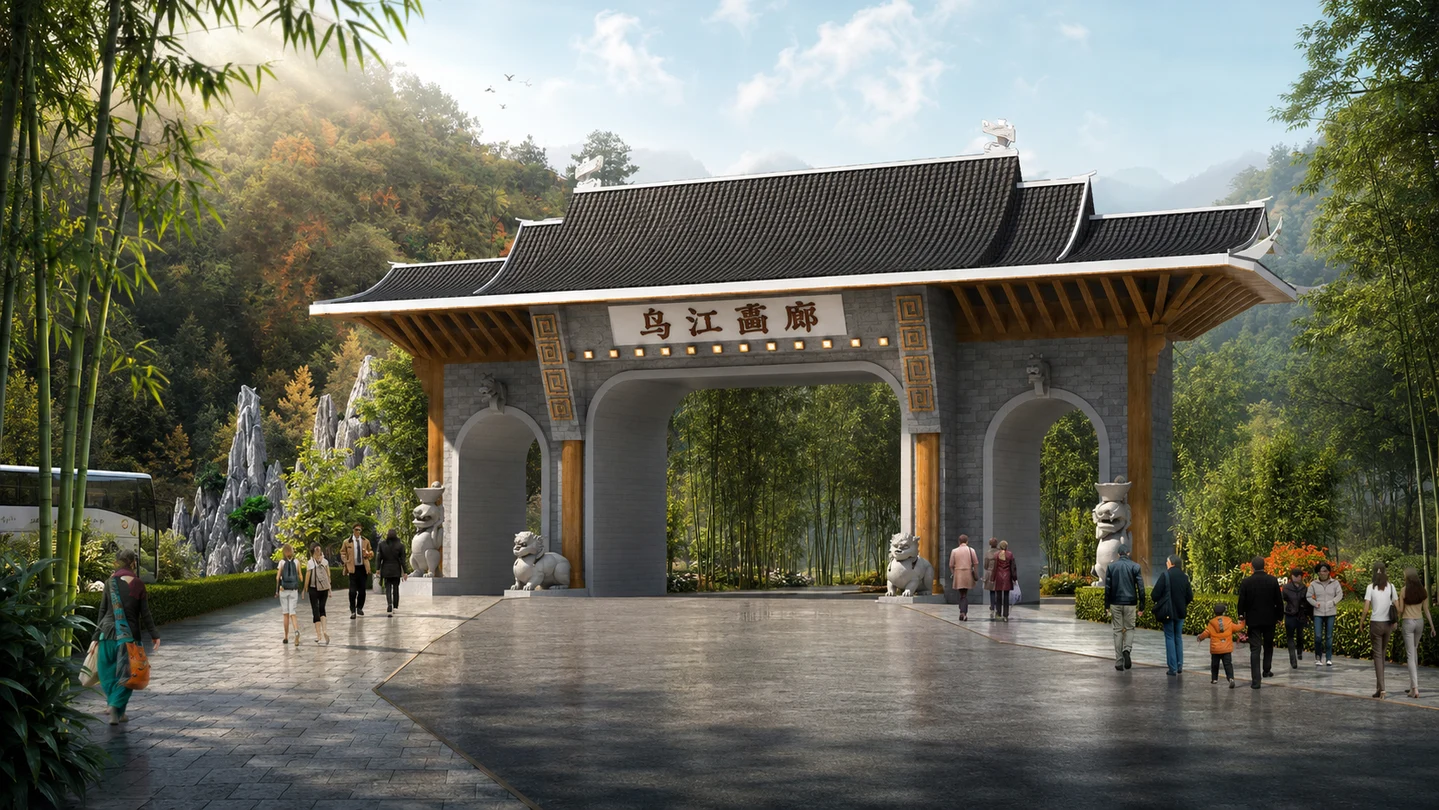 乌江山下生态景区大门设计效果图 5